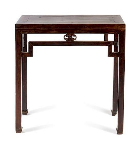 * A Chinese Red Lacquered Elmwood Side Table, Tiaozhuo Height 32 3/4 x width 32 x dept 17 inches.