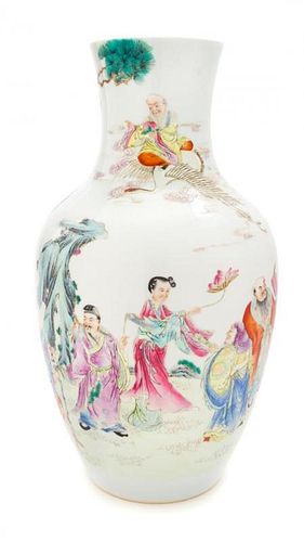 A Famille Rose Porcelain Vase Height 12 1/2 inches.