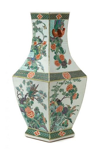 A Famille Verte Porcelain Square Sectioned Vase Height 18 inches.
