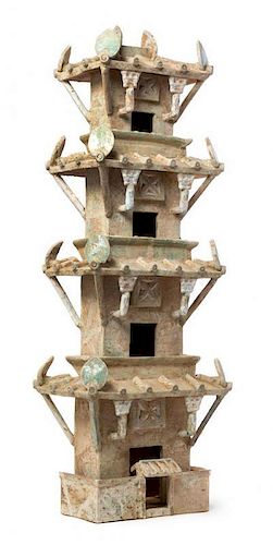 * A Large and Impressive Green Glazed Pottery Model of Five Section Watchtower Height 38 inches.