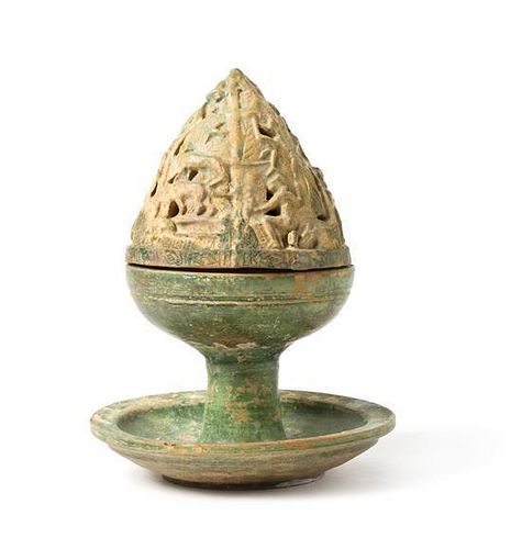* A Green Glazed Pottery Censer, Boshanlu Height 9 7/8 inches.