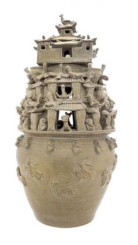 A Yueyao Celadon Glazed Pottery Jar and Cover, Hunping Height 21 inches.