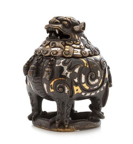A Gilt and Silvered Inlaid Bronze Beast-Form Censer and Cover Height overall 4 1/2 inches.