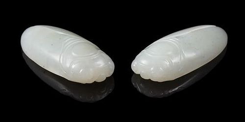 Two White Jade Figures of Cicadas Length of each 2 inches.