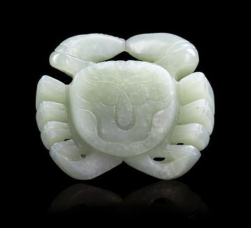 A Celadon Jade Figure of a Crab Length 2 1/4 inches.