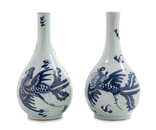 * Two Blue and White Porcelain Bottle Vases Height of taller 7 inches.