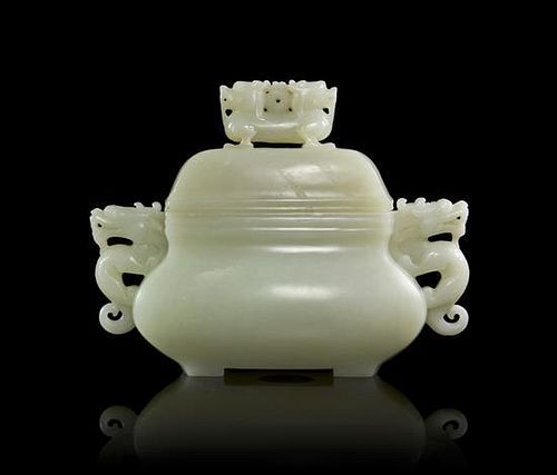 A White Jade Lidded Double Dragon Handled Vessel Width over handles 6 1/2 inches.