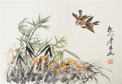 In the Manner of Tang Yun, (1910-1993), depicting birds perched on flowering branches and birds resting besides fruits
