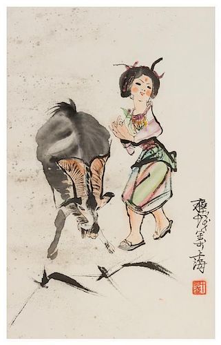After Cheng Shifa, (1921-2007), depicting a girl and an ox