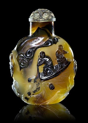 A Carved Cameo Agate Snuff Bottle Height 2 1/4 inches.