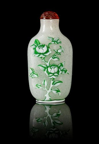 * A Green Overlay "Snowflake" Ground Glass Snuff Bottle Height 3 inches.