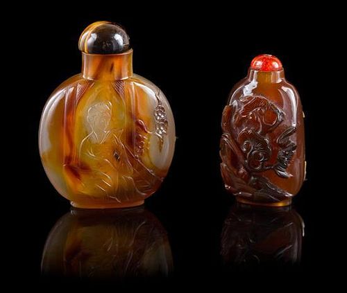 * Two Carved Agate Snuff Bottles Height of taller 2 3/4 inches.