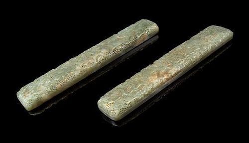 * A Pair of Chinese Celadon Jade Scroll Weights Length 9 1/2 inches.