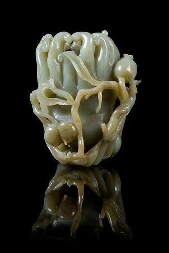 * A Chinese Mottled Celadon Jade Brush Pot Height 4 1/2 inches.