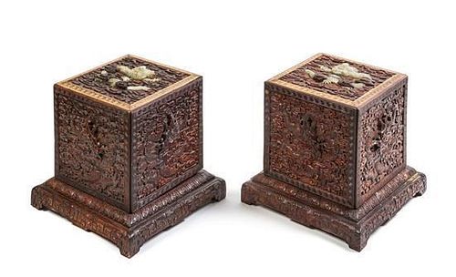 * A Pair of Chinese Jade Mounted Hardwood Seal Boxes Heigt 9 3/4 inches.