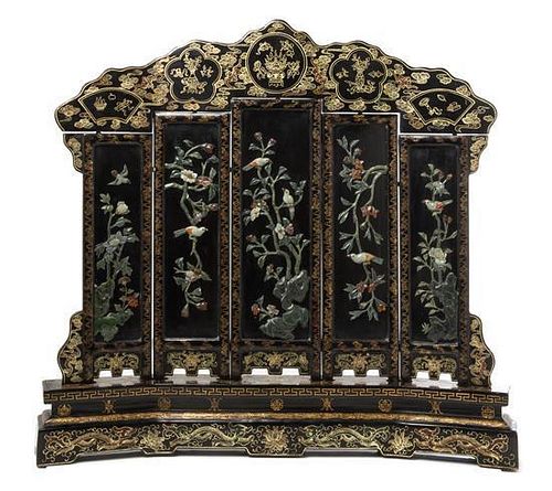 * A Chinese Black and Gilt Lacquered Hardstone Inset Five-Panel Table Screen Height 24 3/8 x width 26 1/2 inches.