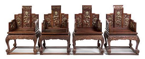 * A Set of Four Chinese Jade Inset Hardwood Armchairs Height 46 x width 27 1/2 x depth 23 inches.