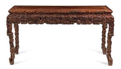 * A Chinese Rosewood Altar Table Height 33 1/4 x width 62 1/2 x depth 23 3/4 inches.