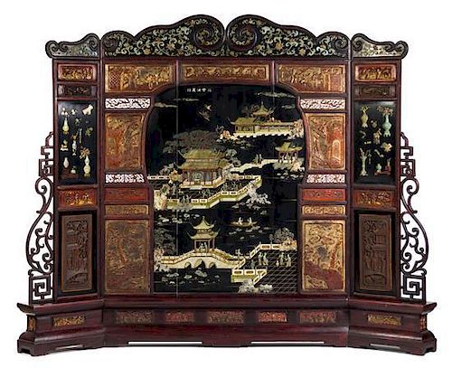 * A Chinese Embellished Gilt, Red and Black Lacquered Floor Screen Height 96 1/2 x width 119 inches.
