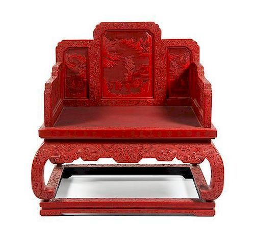 * A Chinese Cinnabar Lacquer Throne Chair Height 43 x width 37 5/8 inches.