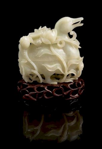 * A Chinese White Jade Duck-Form Box and Cover Width 6 inches.
