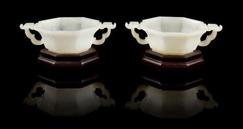 * A Pair of Chinese Jade Twin-Handled Cups Width over handles 5 1/2 inches.