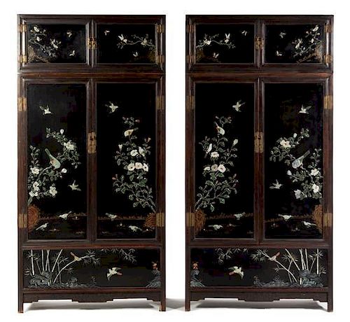 * A Pair of Chinese Embellished and Black Lacquered Hongmu Compound Cabinets, Sijiangui Height 87 x width 43 1/4 x depth 15 5/8