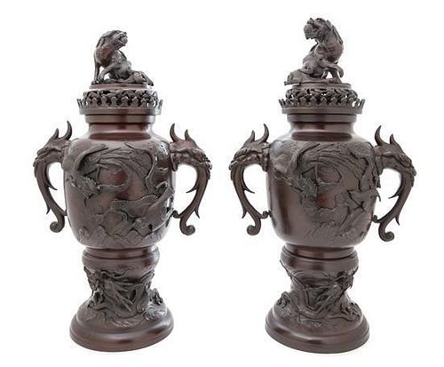 A Pair of Bronze Censers Height 23 1/4 inches.
