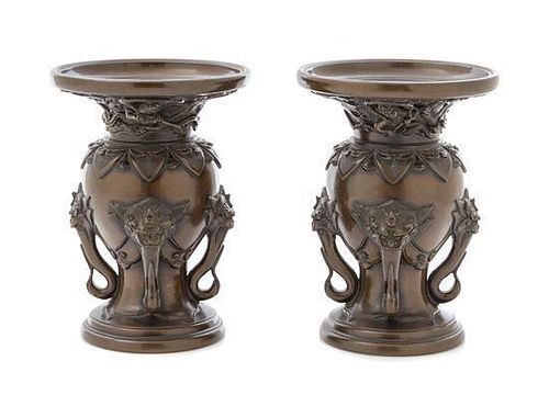 A Pair of Bronze Vases Height 5 3/8 inches.