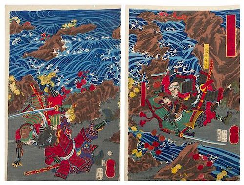 Tsukioka Yoshitoshi, (1839-1892), two sheets from the triptych Koromo-gawa o-kassen no zu (The Great Battle of the Koromo River)