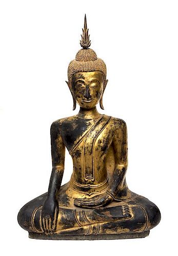 A Thai Gilt Bronze Figure of Seated Buddha Height 29 inches.