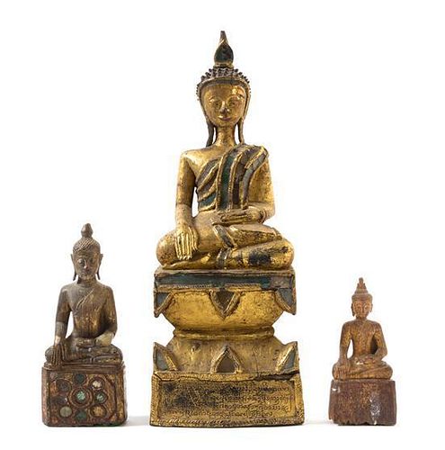 * Three Thai Gilt Wood Figures of Buddha Height of tallest 18 inches.