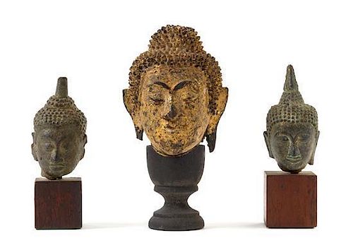 * Three Thai Bronze Heads of Buddha Height of tallest 6 inches.