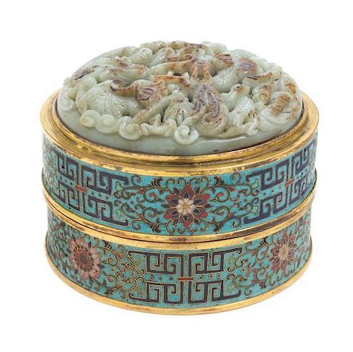 A Jade Inset Cloisonne Enamel Box and Cover Diameter 4 7/8 inches.