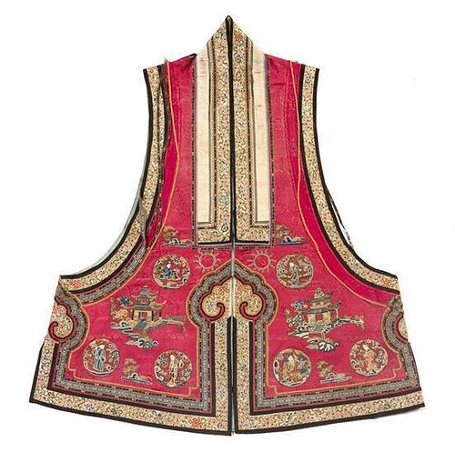 * A Chinese Embroidered Silk Vest Length 34 inches.