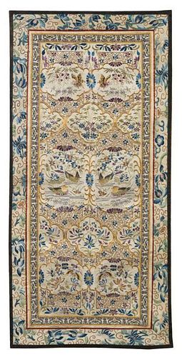 * A Chinese Embroidered Silk Rectangular Panel Height 24 1/2 x width 11 1/2 inches.