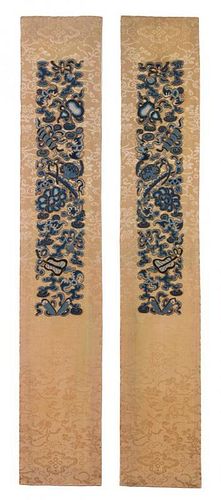 * A Pair of Chinese Embroidered Silk Panels Height 35 x width 6 inches.