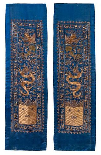 * A Pair of Chinese Embroidered Silk Rectangular Panels Height 30 x width 8 inches.