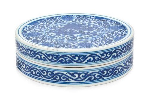 A Blue and White Porcelain Box and Cover Diameter of porcelain box 4 1/2 inches.