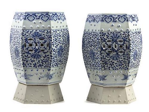 A Pair of Chinese Blue and White Porcelain Garden Stools Height 17 7/8 inches.