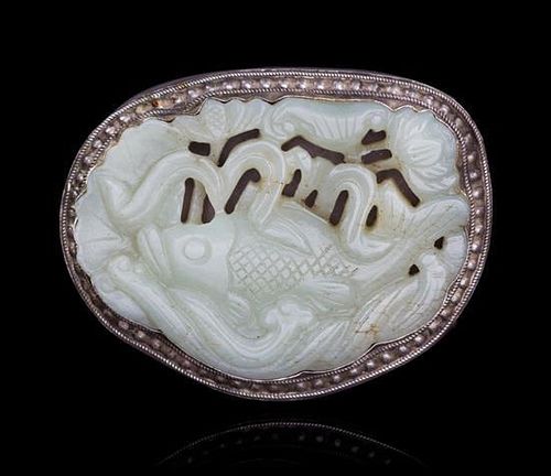 A Celadon Jade Inset Belt Buckle Width 2 7/8 inches.