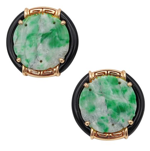 Art Deco Earrings In 14K Gold With 13.94 Cts Of Jadeite & Onyx