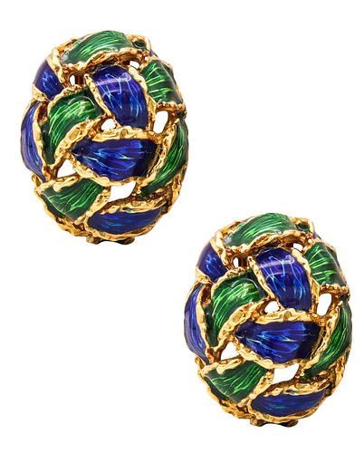 Italian Clips-earrings in 18 kt gold with Blue and Green enamel