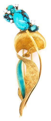 Brooch In 18Kt Gold With 8.60 Cts In Turquoise And Diamonds