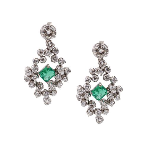 4.25 Ctw in Diamonds & Emeralds Platinum Drop Earrings