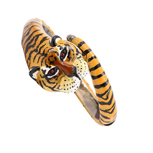 Enamel Tiger Cuff Bracelet in 18k Gold