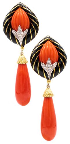 Convertible Earrings in 18 kt gold & platinum with diamonds & Coral