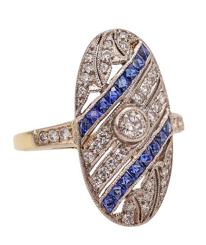 Art Deco Ring In 18Kt Gold And Platinum With 1.75 Cts Diamonds & Sapphires