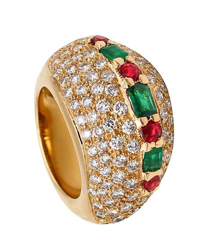 French Ring in 18 kt Gold with 7.32 Cts in Diamonds, Emeralds & Rubies