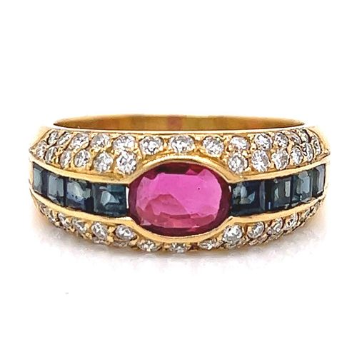 18K Gold Ruby, Sapphire, and Diamond Ring